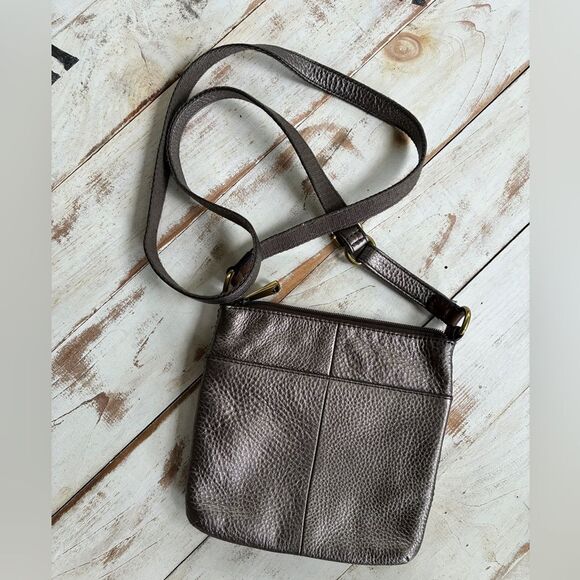FOSSIL vintage 90s crossbody explorer bag leather purse metallic gun metal gray - Picture 3 of 16